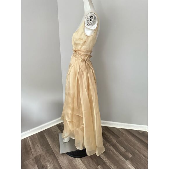 NWT AWAKE Mode Sleeveless Asymmetric Hem Silky Organza Midi Dress Beige Size FR3 - Picture 6 of 10